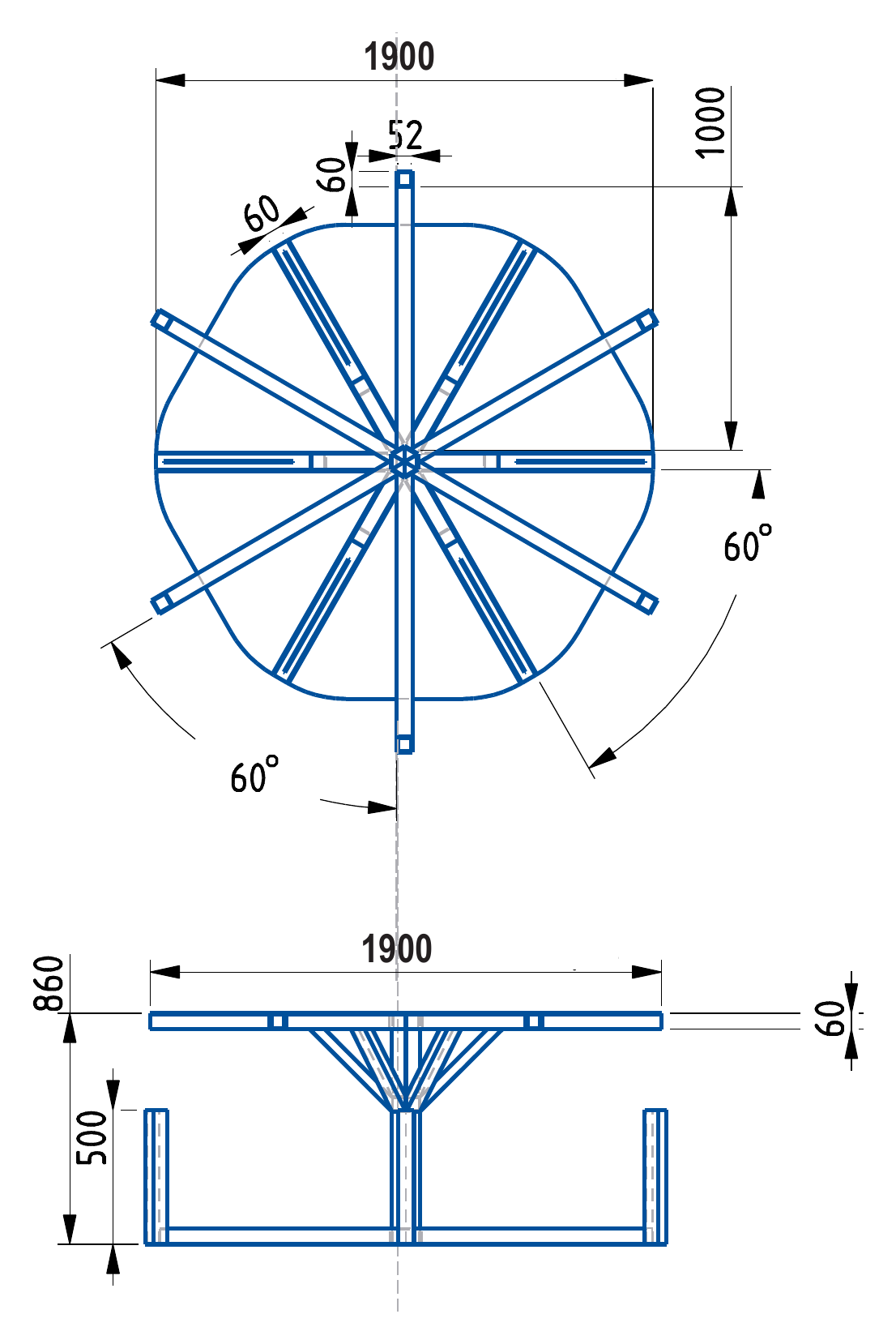 Plans cotés de la table vue de dessus et de face.