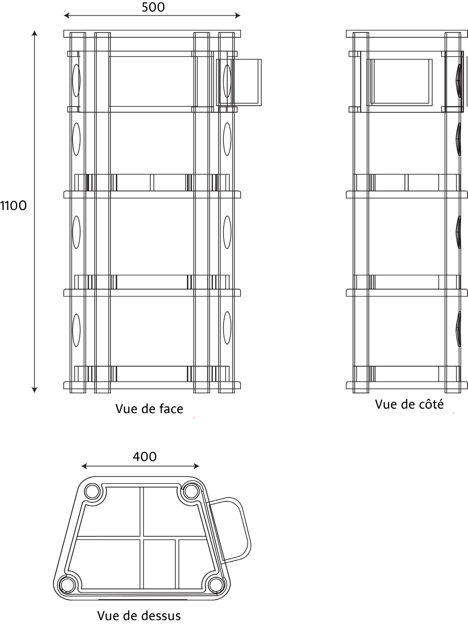 Plans du chariot vues de face, de côté et de dessus.