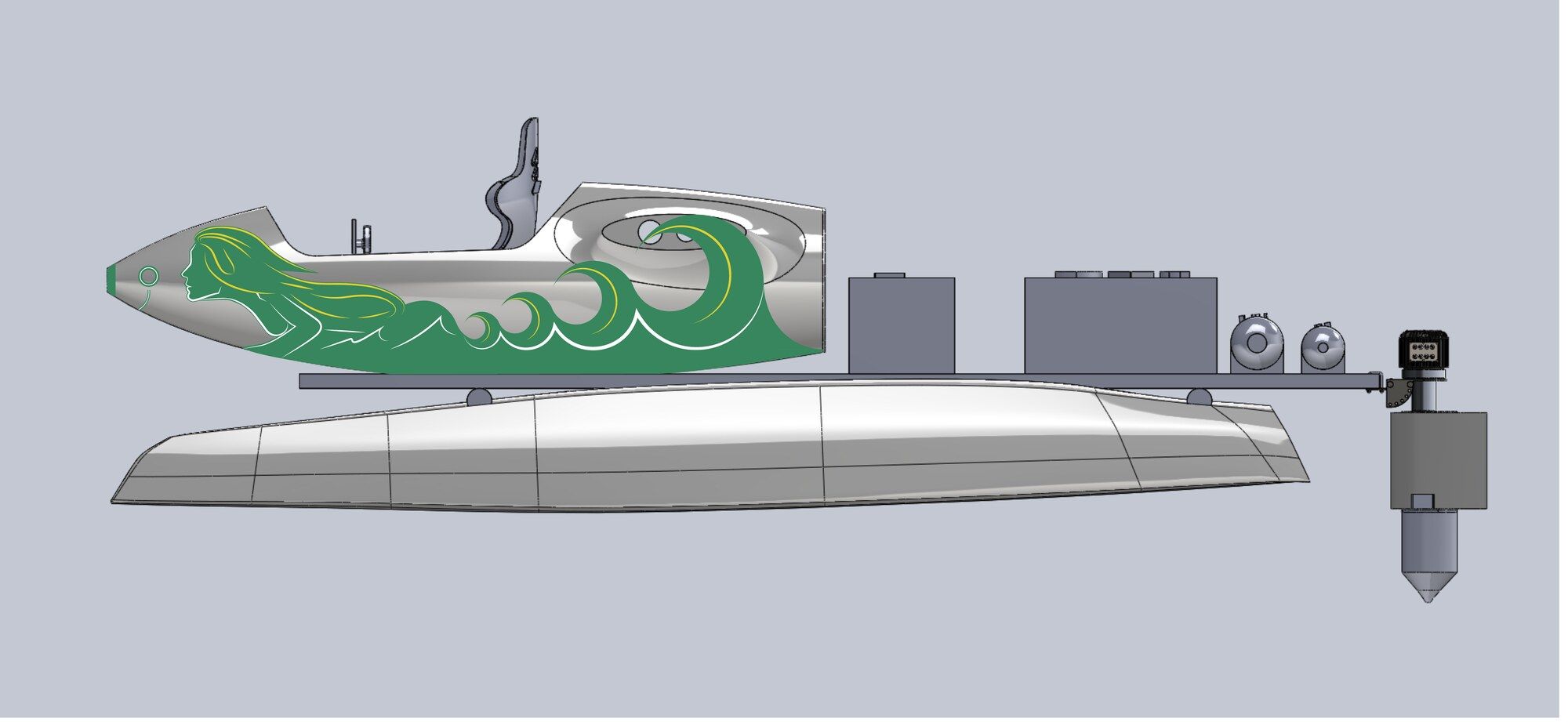 Rendu CAO du bateau avec le cockpit décoré de la sirène.