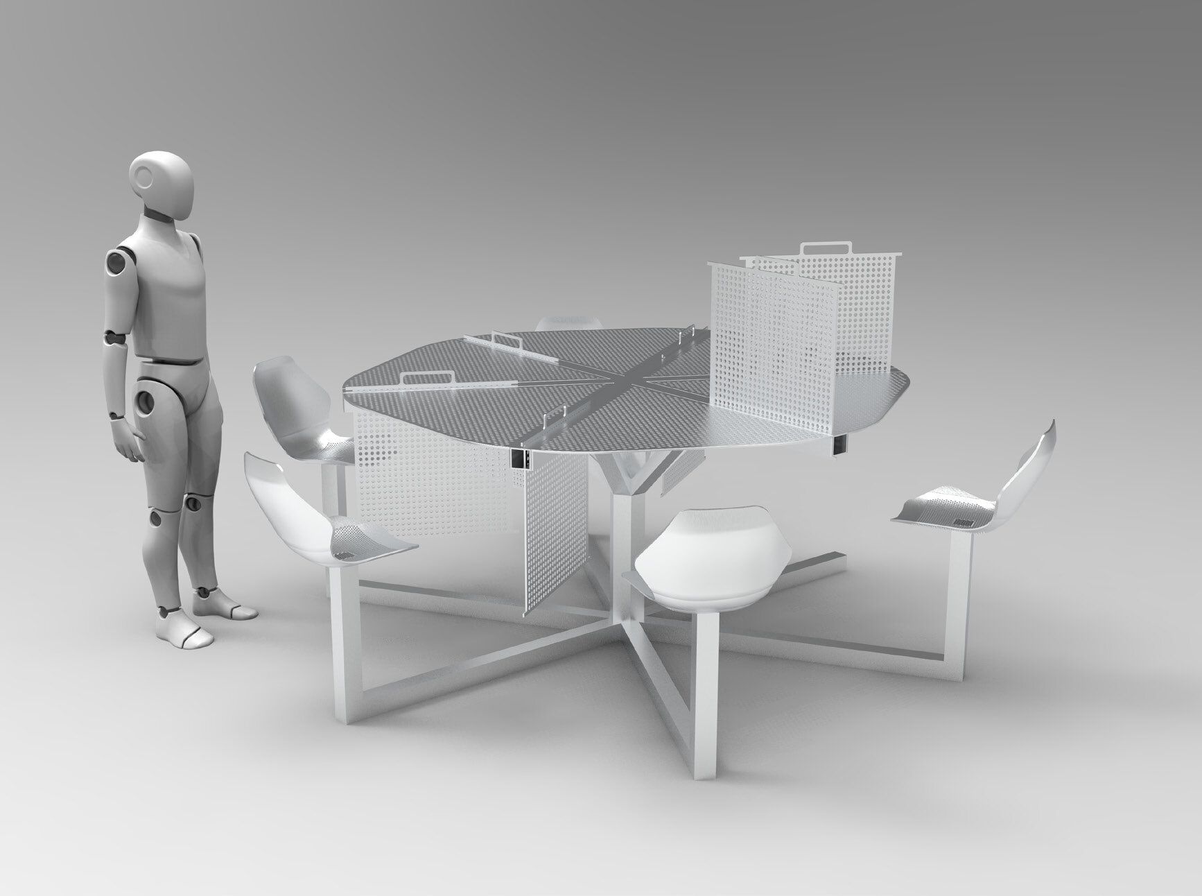 Rendu KeyShot de la table avec un mannequin à l'échelle.